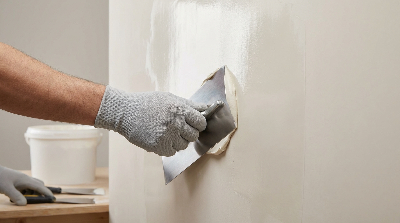 Prestonett f : l'enduit idéal pour une finition parfaite 12 Main gantée appliquant de l'enduit blanc sur un mur clair avec une spatule. La surface est préparée pour une finition lisse.