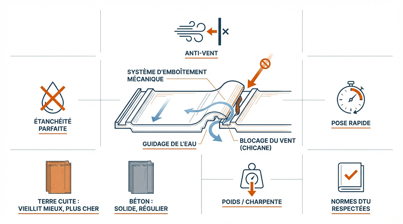 Schéma des emboîtements d'une tuile mécanique pour l'étanchéité