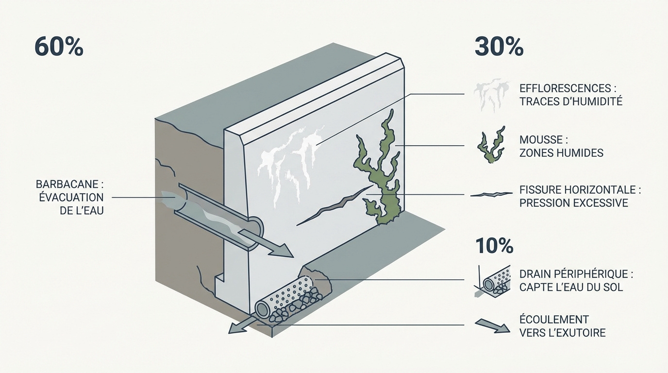 Analyse des désordres sur un mur de soutènement humide