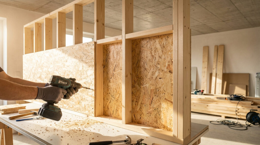 Mains gantées fixant un panneau OSB à une ossature bois avec une perceuse. Scène de construction de cloison intérieure en bois, bien éclairée.