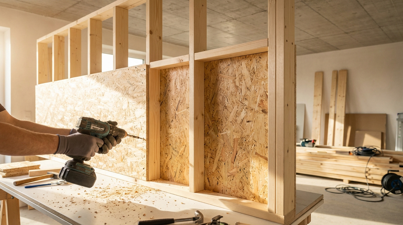 Réussir sa cloison intérieure bois : tout pour ton projet 22 Mains gantées fixant un panneau OSB à une ossature bois avec une perceuse. Scène de construction de cloison intérieure en bois, bien éclairée.