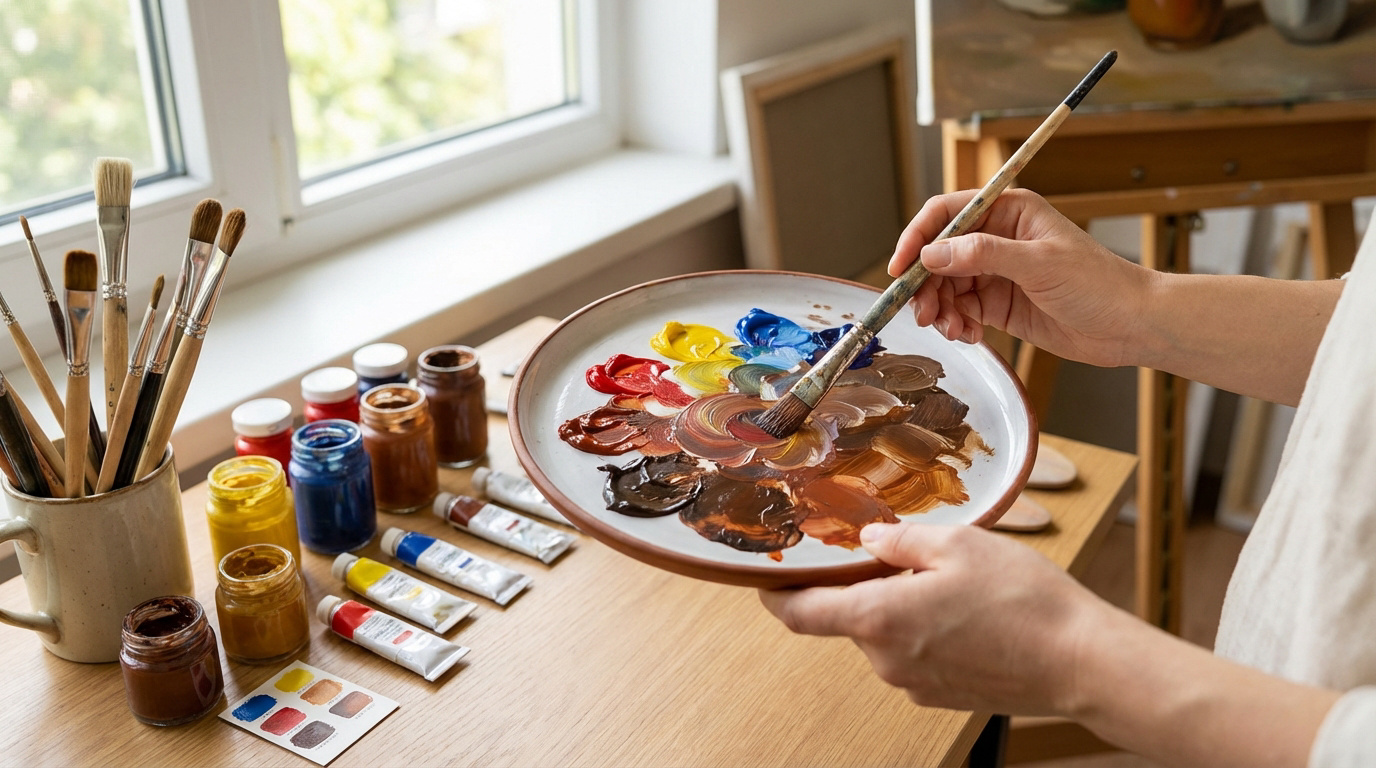 Comment faire du marron facilement : le secret des mélanges 33 Gros plan sur des mains d'artiste mélangeant de la peinture sur une palette pour créer des nuances de marron.