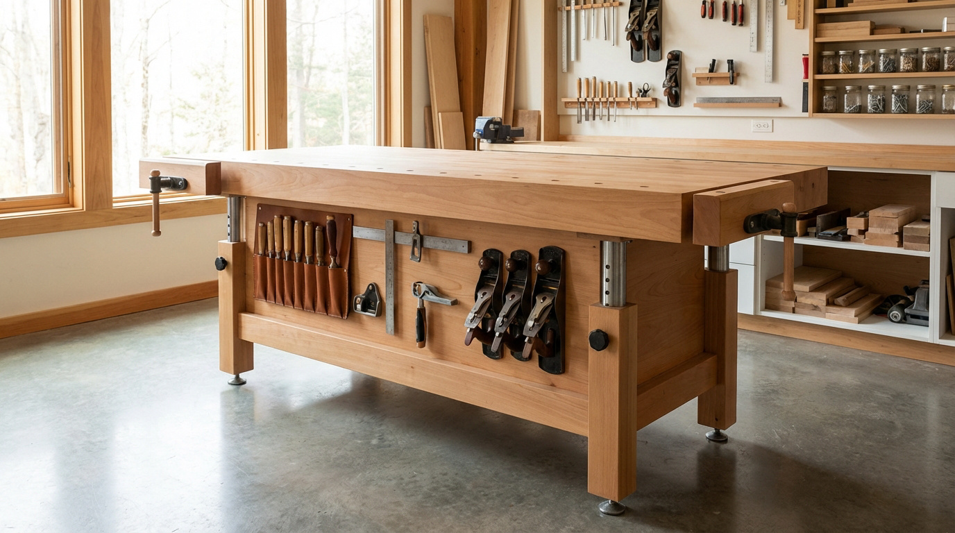 Choisir l'établi bois idéal pour un atelier performant 5 Établi de menuisier en bois clair, ajustable, avec outils (ciseaux, rabots) intégrés. Atelier lumineux et organisé en arrière-plan.