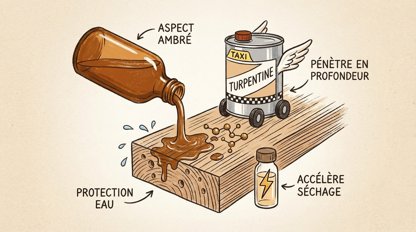Flacons d'huile de lin, essence de térébenthine et siccatif pour le traitement du bois