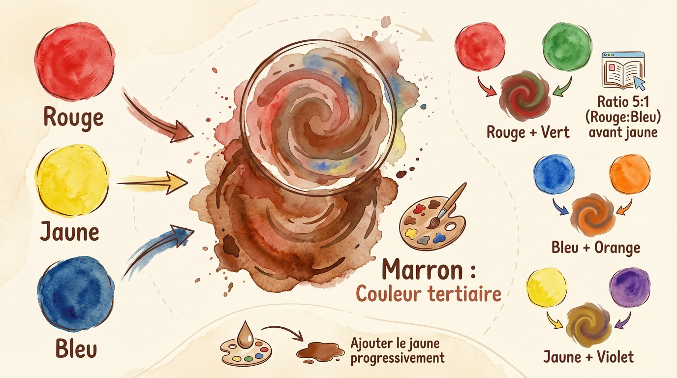 Comment faire du marron facilement : le secret des mélanges 3 Infographie expliquant comment faire du marron avec les couleurs primaires et complémentaires