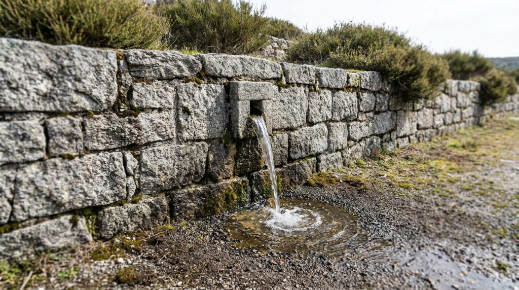 Une barbacane dans un mur en pierres brutes laisse s'écouler de l'eau, créant une flaque sur un sol terreux-graveleux. Drainage.