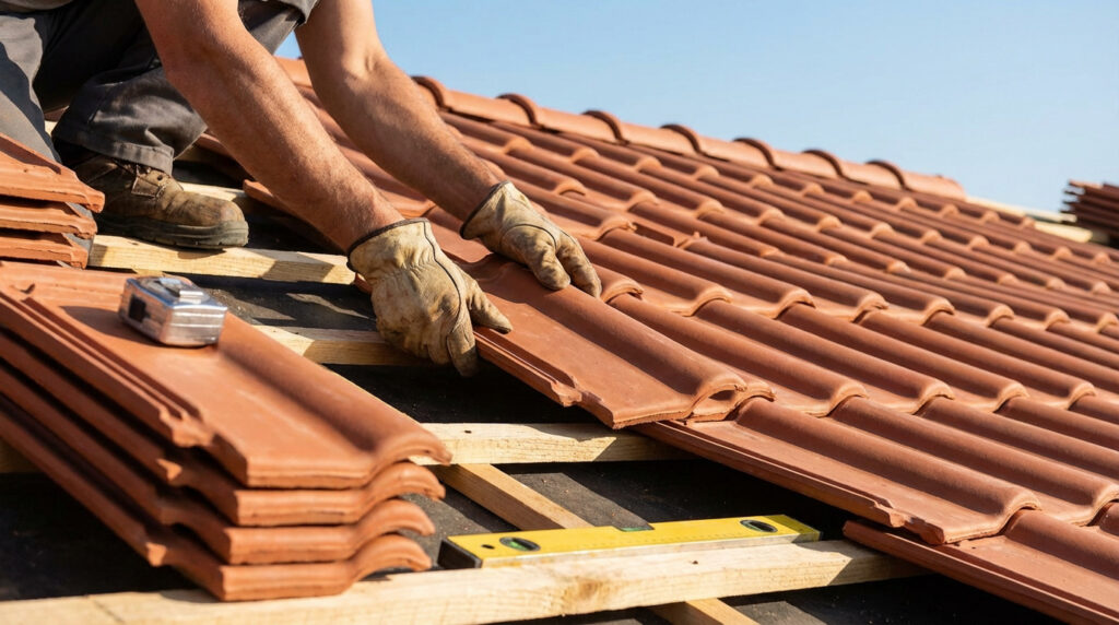 Un couvreur installe des tuiles en terre cuite sur un toit, avec des piles de tuiles, un mètre et un niveau visible. Ciel bleu clair.