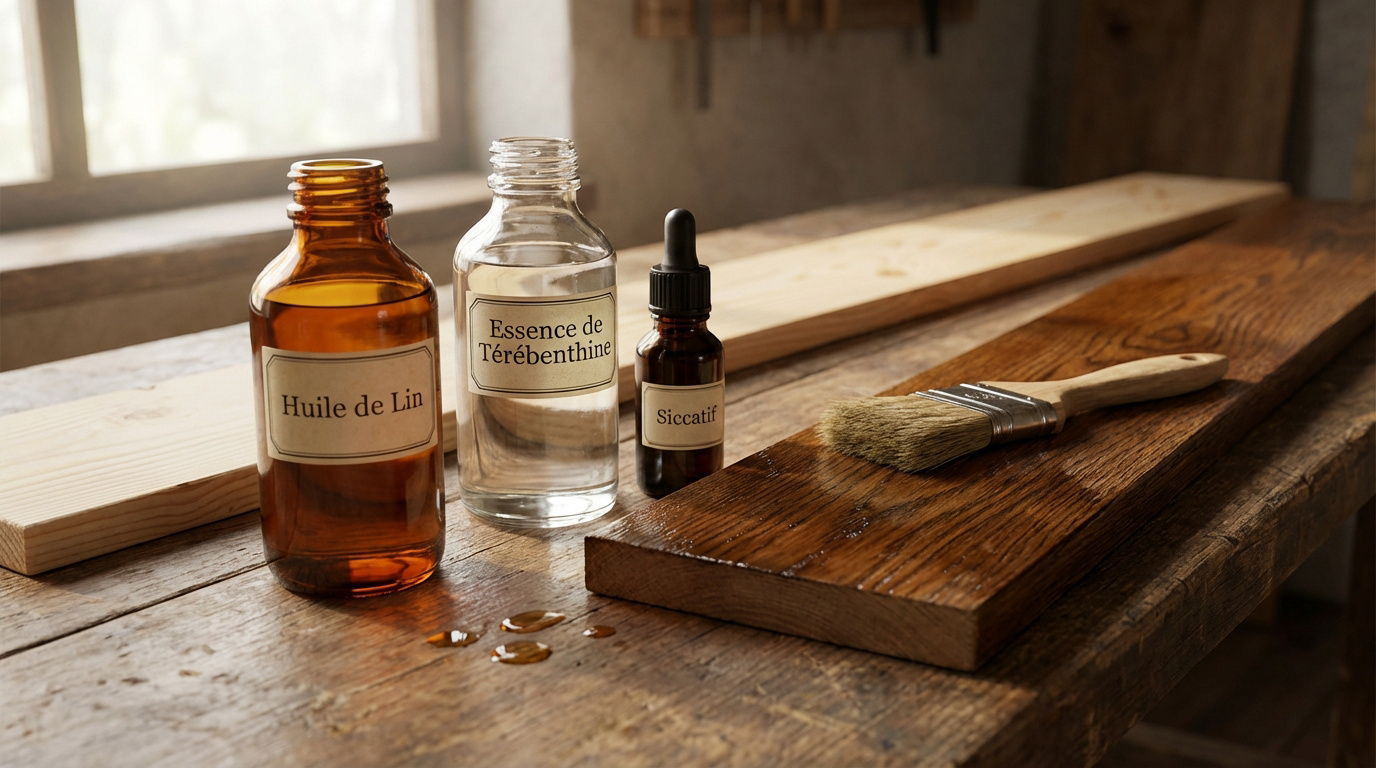 Huile de lin et térébenthine : le secret d'un bois parfait 1 Bouteilles d'huile de lin, térébenthine et siccatif près d'une planche de bois en cours de traitement, avec un pinceau.
