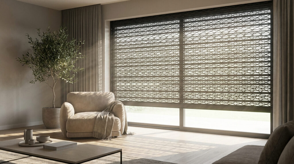 Un salon moderne baigné de lumière filtrée par un grand volet roulant ajouré. Un fauteuil beige et un olivier apportent une touche cosy.