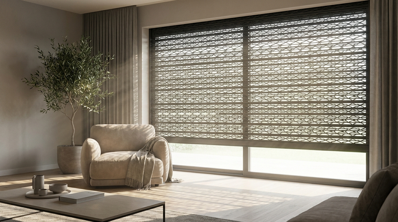 Pourquoi installer un volet roulant ajouré chez soi en 2026 29 Un salon moderne baigné de lumière filtrée par un grand volet roulant ajouré. Un fauteuil beige et un olivier apportent une touche cosy.