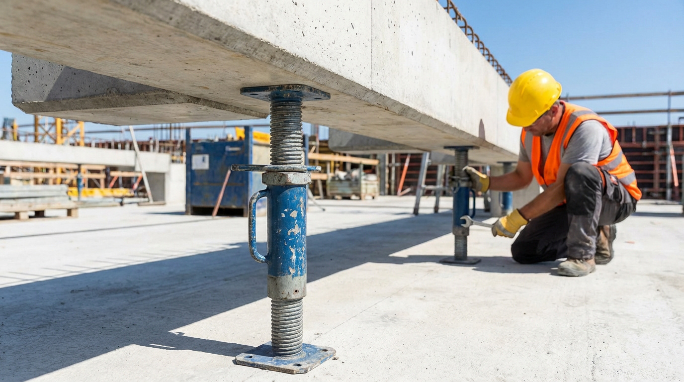 Choisir son étai de chantier pour sécuriser ses travaux 18 Ouvrier avec casque et gilet de sécurité ajustant un étai bleu soutenant une dalle en béton sur un chantier ensoleillé.