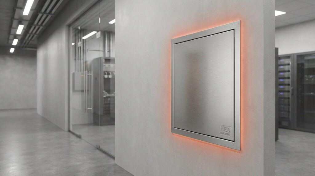 Trappe coupe-feu murale en acier brossé avec éclairage périmétrique orange, dans un couloir moderne.