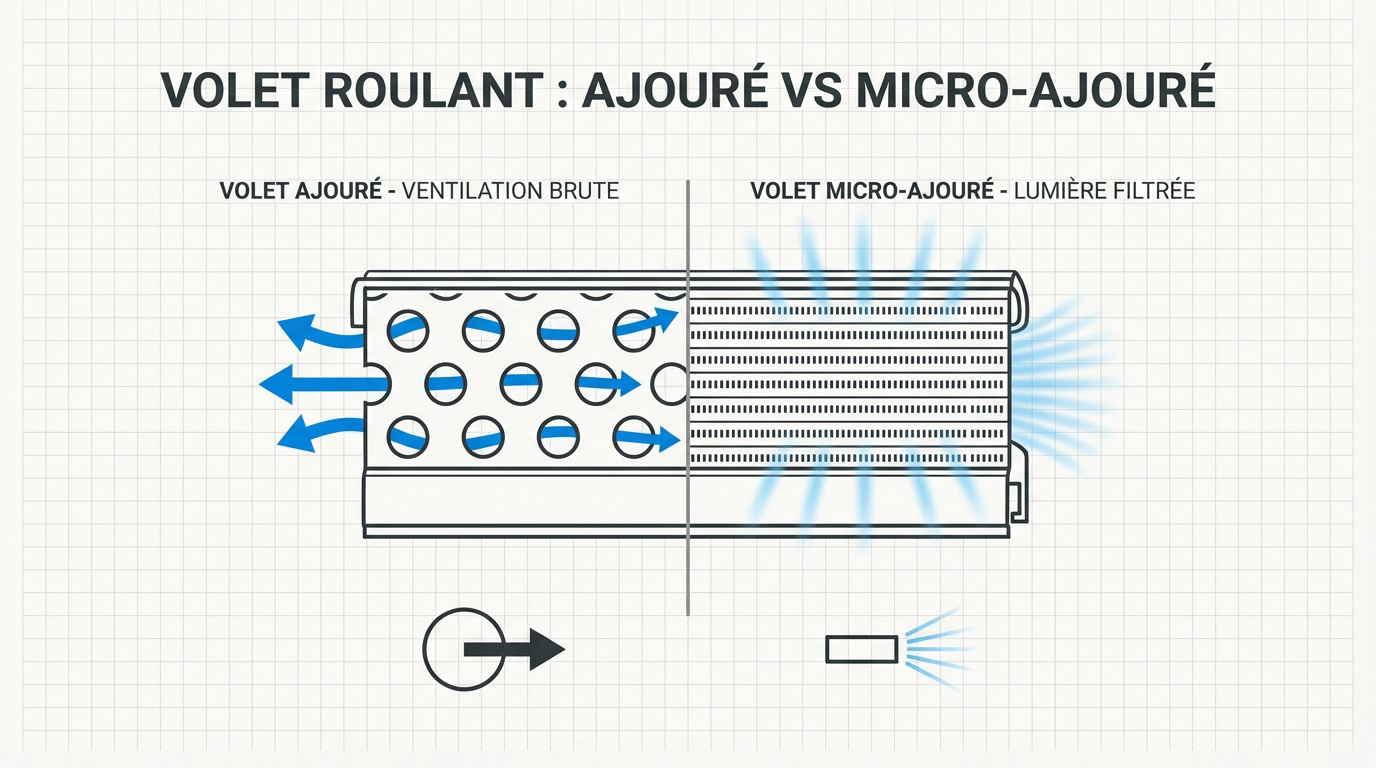 Comparaison visuelle entre un volet roulant ajouré classique et un modèle micro-ajouré